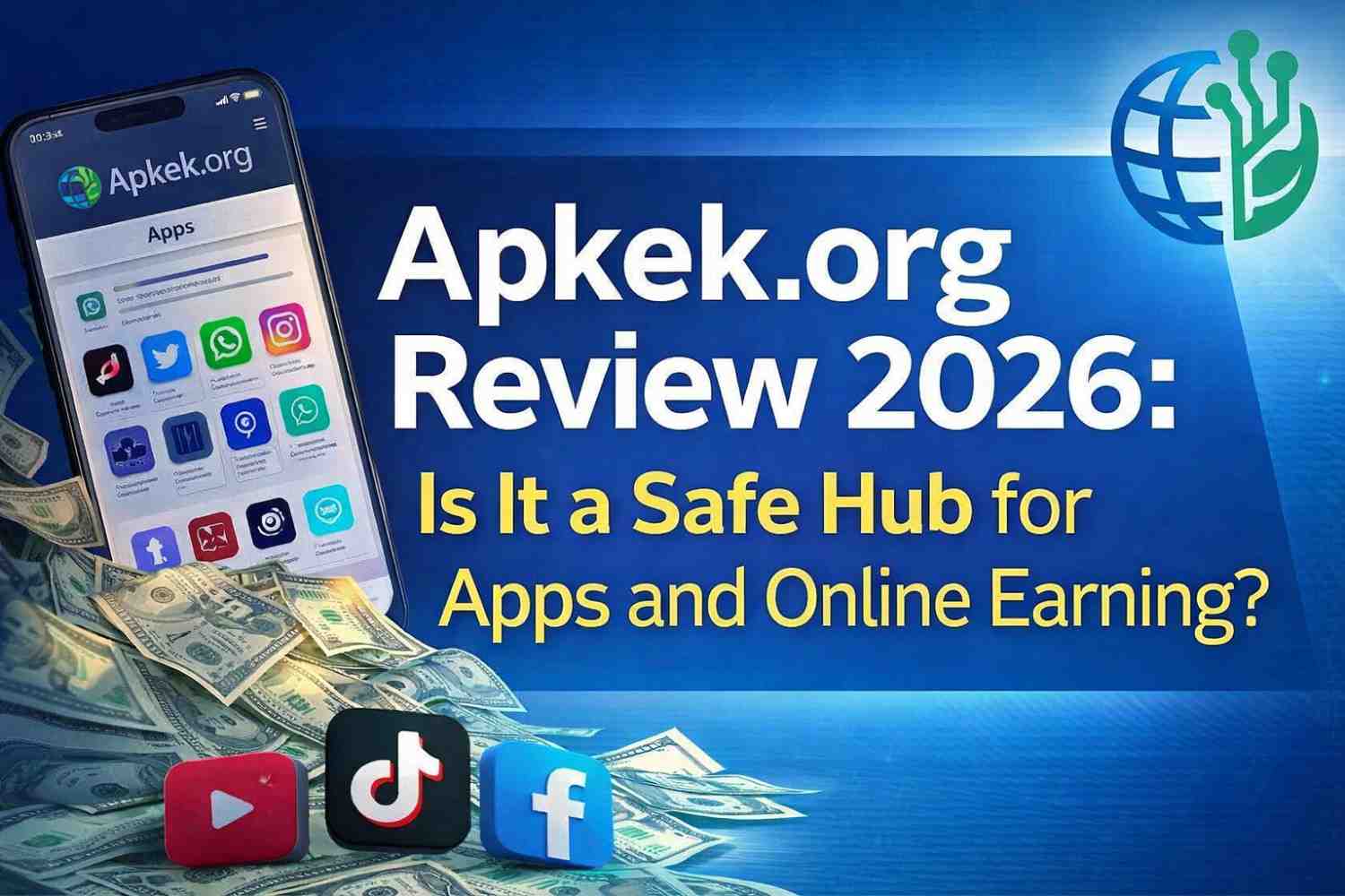 Apkek.org Review 2026 banner showing a smartphone with app icons, cash rewards, and social media logos.