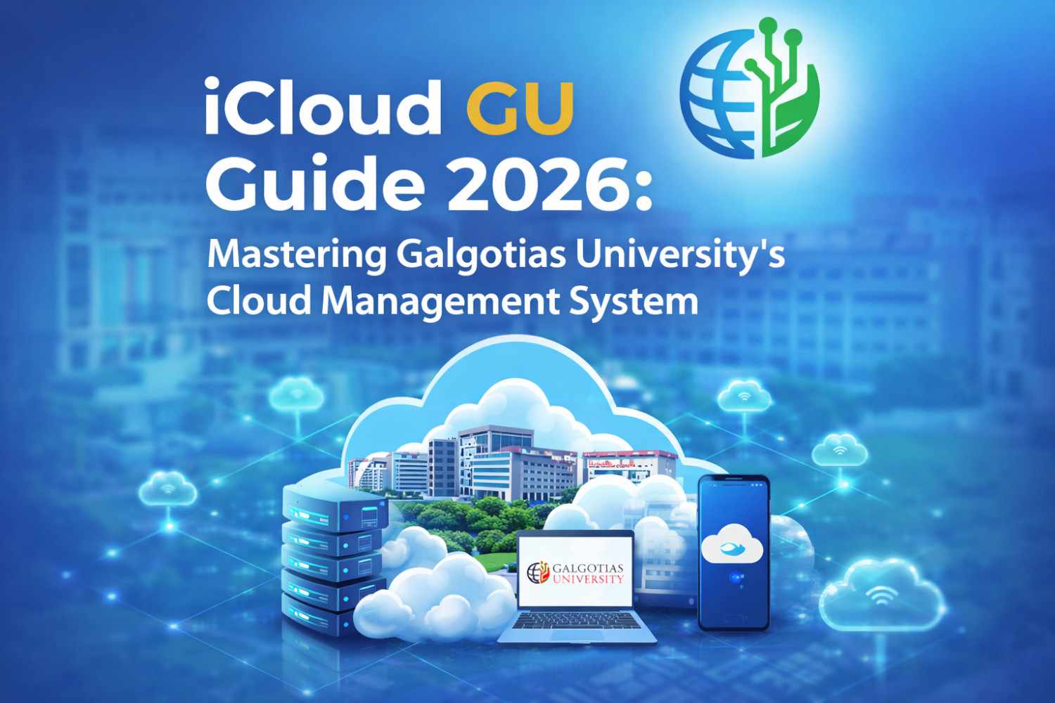 iCloud GU 2026 Guide showing Galgotias University campus in a cloud management system graphic with laptop and smartphone.