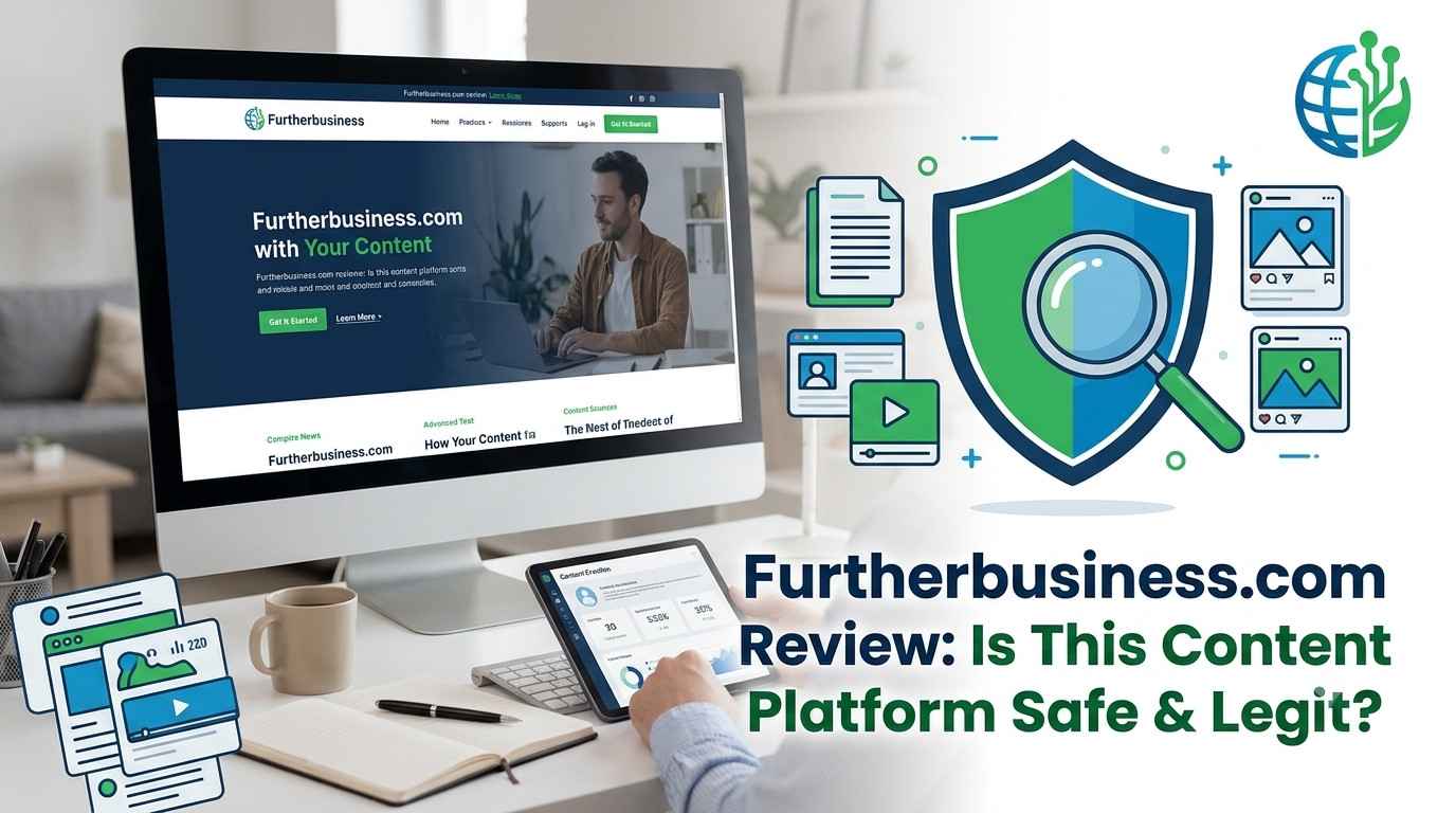 Furtherbusiness.com review banner showing a website evaluation with a security shield, magnifying glass, and a tech logo watermark.
