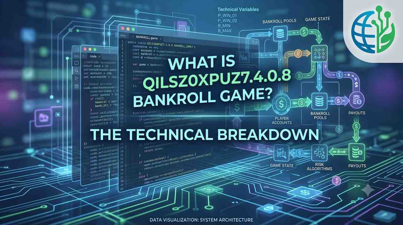 Technical architecture diagram and source code interface for the qilszoxpuz7.4.0.8 bankroll game simulation engine, featuring the TechNewzTop360