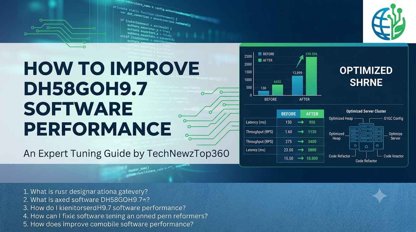 Infographic displaying technical performance metrics, code refactoring data, and a optimization chart for DH58GOH9.7 software tuning.